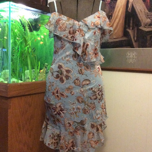 Dresses & Skirts - Blue Floral Off Shoulder Sleeve Chiffon Dress